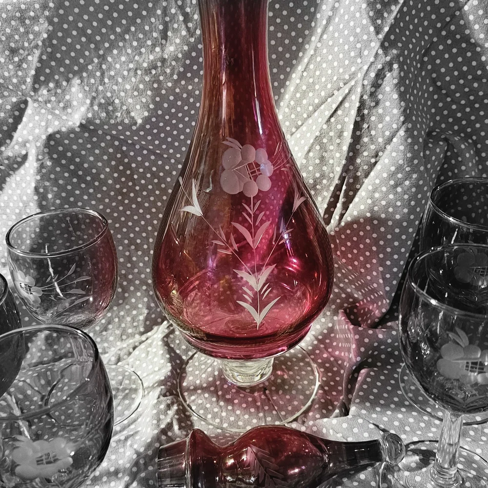 Ruby Red Etched Glass Decanter Set - 6 Stemmed Glasses